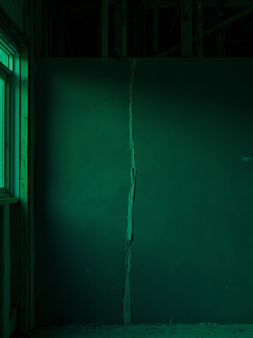 The interior of a partly finished house with a crack in a new wall